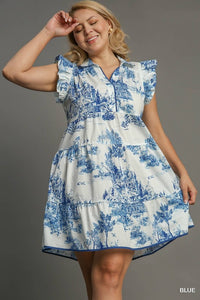 Plus Eden-Two Tone Landscape Print Mini Dress with Ruffle Sleeves & Contrast Piping