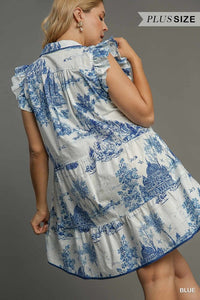 Plus Eden-Two Tone Landscape Print Mini Dress with Ruffle Sleeves & Contrast Piping