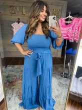 Load image into Gallery viewer, Layla- Blue solid smocked wide leg jumpsuit
