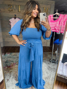 Layla- Blue solid smocked wide leg jumpsuit