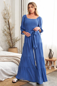 Layla- Blue solid smocked wide leg jumpsuit