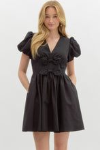 Load image into Gallery viewer, LOLA- Black Solid v-neck short puff bubble sleeve fit-and-flare dress featuring oversized bow details
