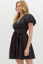 Load image into Gallery viewer, LOLA- Black Solid v-neck short puff bubble sleeve fit-and-flare dress featuring oversized bow details
