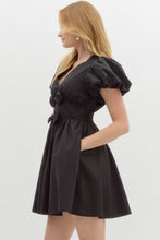 Load image into Gallery viewer, LOLA- Black Solid v-neck short puff bubble sleeve fit-and-flare dress featuring oversized bow details
