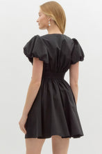 Load image into Gallery viewer, LOLA- Black Solid v-neck short puff bubble sleeve fit-and-flare dress featuring oversized bow details
