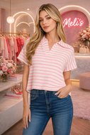 Girly pink striped collared top