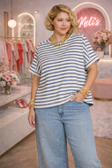 Curvy size denim blue jacquard tripe boxy tee top