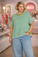 Curvy size Kelly green jacquard tripe boxy tee top