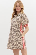 Load image into Gallery viewer, MISSY- Leopard denim dress featuring red side stripes
