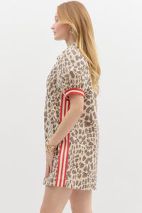 MISSY- Leopard denim dress featuring red side stripes