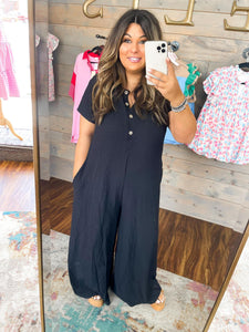 PLUS SIFNOS- short sleeve textured button down jumpsuit