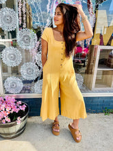 Load image into Gallery viewer, COCO- Linen mustard button down cropped wide leg jumpsuit
