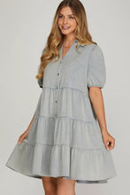 Load image into Gallery viewer, SALLY- Washed denim tiered button down dress with pockets
