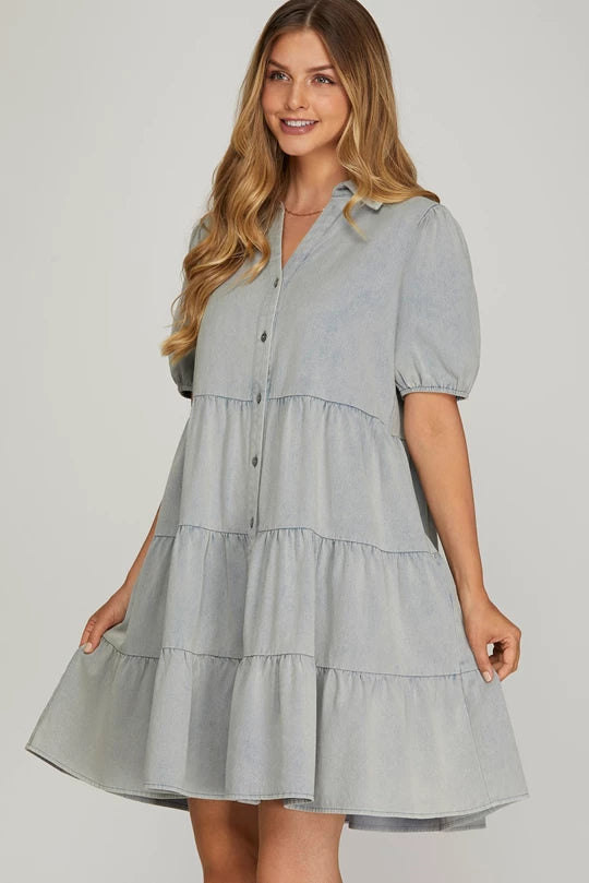 SALLY- Washed denim tiered button down dress with pockets