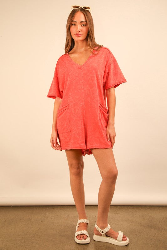 KAYDEE- Coral mineral washed oversized romper with pockets