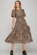 Load image into Gallery viewer, MIA - leopard SHORT PUFF SLEEVE WOVEN LEOPARD PRINT TIERED MIDI DRESS WITH ELASTIC WAIST AND POCKETS
