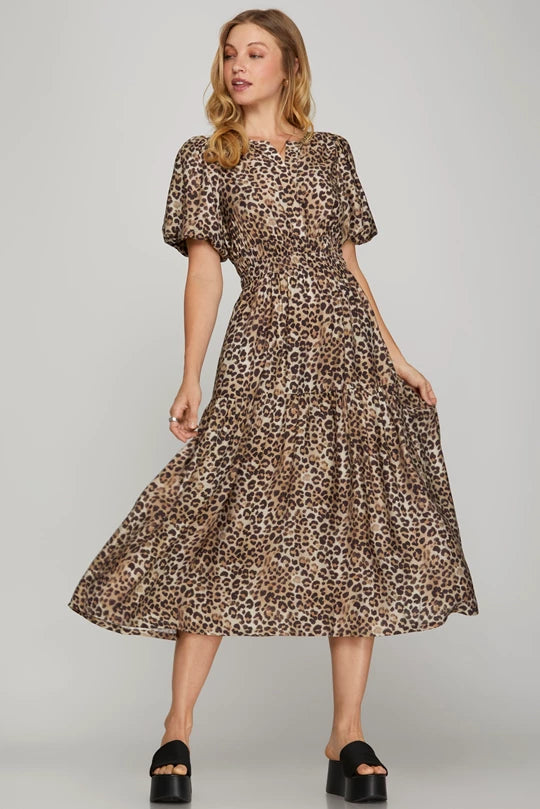 MIA - leopard SHORT PUFF SLEEVE WOVEN LEOPARD PRINT TIERED MIDI DRESS WITH ELASTIC WAIST AND POCKETS