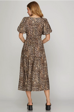 Load image into Gallery viewer, MIA - leopard SHORT PUFF SLEEVE WOVEN LEOPARD PRINT TIERED MIDI DRESS WITH ELASTIC WAIST AND POCKETS
