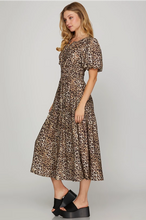 Load image into Gallery viewer, MIA - leopard SHORT PUFF SLEEVE WOVEN LEOPARD PRINT TIERED MIDI DRESS WITH ELASTIC WAIST AND POCKETS
