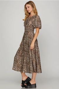 MIA - leopard SHORT PUFF SLEEVE WOVEN LEOPARD PRINT TIERED MIDI DRESS WITH ELASTIC WAIST AND POCKETS