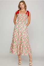 Load image into Gallery viewer, NALA- Red/Pink SMOCKED TUBE MAXI PRINTED WOVEN TIERED DRESS WITH POCKETS AND CONTRAST SHOULDER BOW TIES
