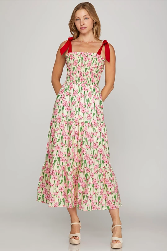 NALA- Red/Pink SMOCKED TUBE MAXI PRINTED WOVEN TIERED DRESS WITH POCKETS AND CONTRAST SHOULDER BOW TIES