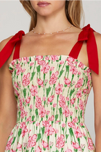 Load image into Gallery viewer, NALA- Red/Pink SMOCKED TUBE MAXI PRINTED WOVEN TIERED DRESS WITH POCKETS AND CONTRAST SHOULDER BOW TIES
