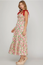 Load image into Gallery viewer, NALA- Red/Pink SMOCKED TUBE MAXI PRINTED WOVEN TIERED DRESS WITH POCKETS AND CONTRAST SHOULDER BOW TIES
