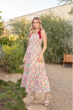 Load image into Gallery viewer, NALA- Red/Pink SMOCKED TUBE MAXI PRINTED WOVEN TIERED DRESS WITH POCKETS AND CONTRAST SHOULDER BOW TIES
