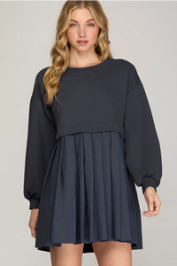 LILY- LONG SLEEVE FRENCH TERRY KNIT PLEATED DRESS