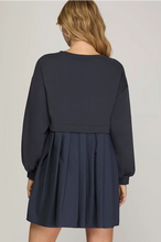 Load image into Gallery viewer, LILY- LONG SLEEVE FRENCH TERRY KNIT PLEATED DRESS
