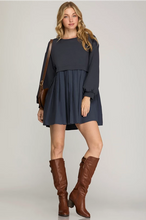 Load image into Gallery viewer, LILY- LONG SLEEVE FRENCH TERRY KNIT PLEATED DRESS
