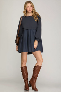 LILY- LONG SLEEVE FRENCH TERRY KNIT PLEATED DRESS