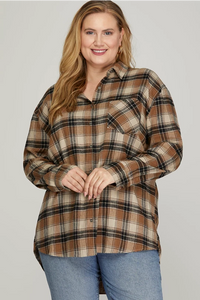 PLUS CANYON- Long sleeve brown woven plaid button up top