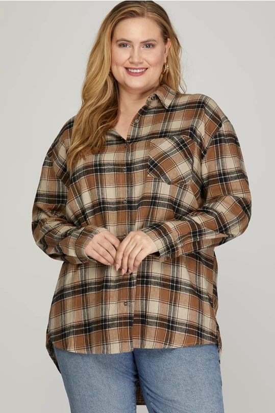 PLUS CANYON- Long sleeve brown woven plaid button up top