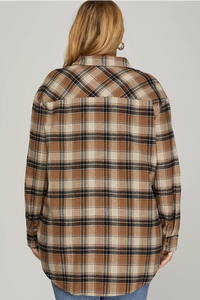 PLUS CANYON- Long sleeve brown woven plaid button up top