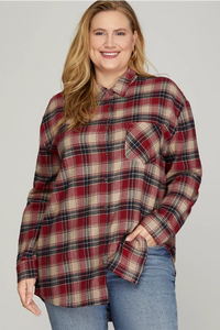 PLUS CANYON- Long sleeve red woven plaid button up top