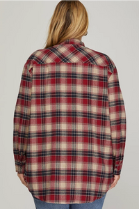 PLUS CANYON- Long sleeve red woven plaid button up top