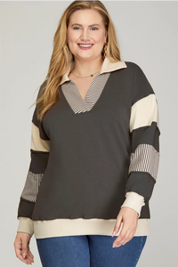 PLUS TYRA - Charcoal COLOR BLOCK SLEEVE V NECK FRENCH TERRY SWEATSHIRT