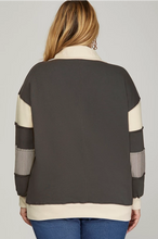 Load image into Gallery viewer, PLUS TYRA - Charcoal COLOR BLOCK SLEEVE V NECK FRENCH TERRY SWEATSHIRT
