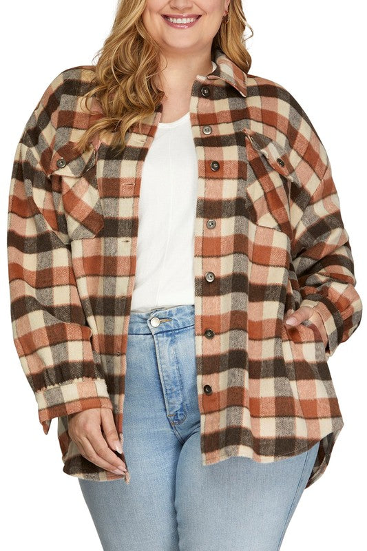 Plus MADI-  Plaid Cinnamon oversized button up shacket