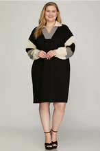 Load image into Gallery viewer, PLUS AMANI- Black COLOR BLOCK SLEEVE V NECK FRENCH TERRY DRESS WITH POCKETS
