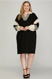 PLUS AMANI- Black COLOR BLOCK SLEEVE V NECK FRENCH TERRY DRESS WITH POCKETS