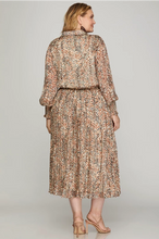 Load image into Gallery viewer, Plus LULU- LONG SLEEVE BUTTON DOWN PLEATED SKIRT METALLIC ANIMAL PRINT WOVEN MIDI DRESS
