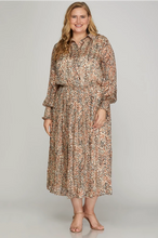 Load image into Gallery viewer, Plus LULU- LONG SLEEVE BUTTON DOWN PLEATED SKIRT METALLIC ANIMAL PRINT WOVEN MIDI DRESS
