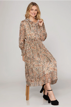 Load image into Gallery viewer, LULU- LONG SLEEVE BUTTON DOWN PLEATED SKIRT METALLIC ANIMAL PRINT WOVEN MIDI DRESS
