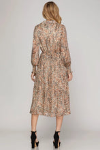 Load image into Gallery viewer, LULU- LONG SLEEVE BUTTON DOWN PLEATED SKIRT METALLIC ANIMAL PRINT WOVEN MIDI DRESS
