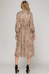 LULU- LONG SLEEVE BUTTON DOWN PLEATED SKIRT METALLIC ANIMAL PRINT WOVEN MIDI DRESS