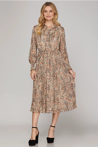 LULU- LONG SLEEVE BUTTON DOWN PLEATED SKIRT METALLIC ANIMAL PRINT WOVEN MIDI DRESS