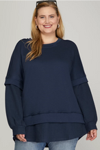 Load image into Gallery viewer, PLUS KATIE-LONG SLEEVE Navy CONTRAST Waffle knit/ fr. Terry SWEATSHIRT TOP
